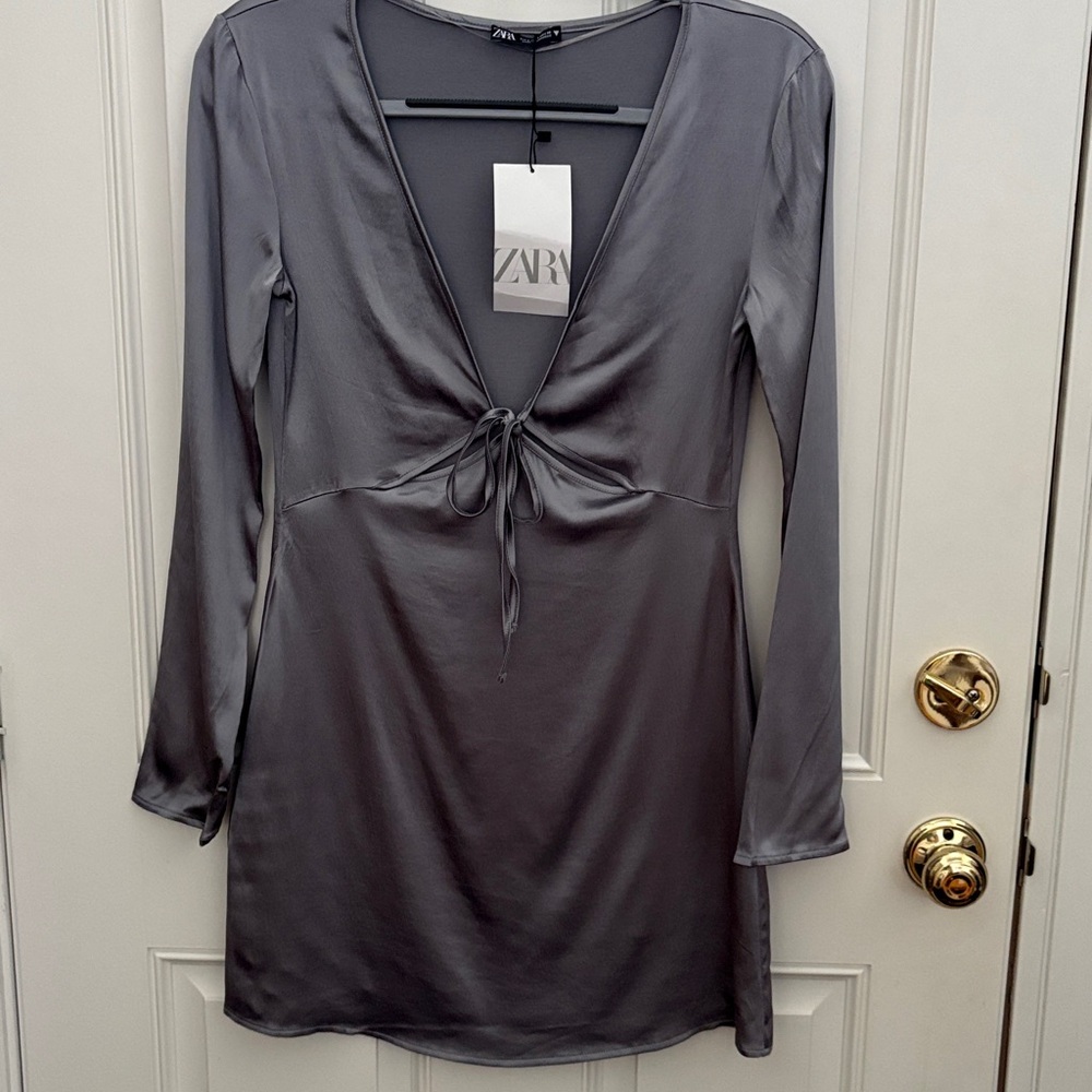 Zara Gray Satin Long Sleeve Mini Dress